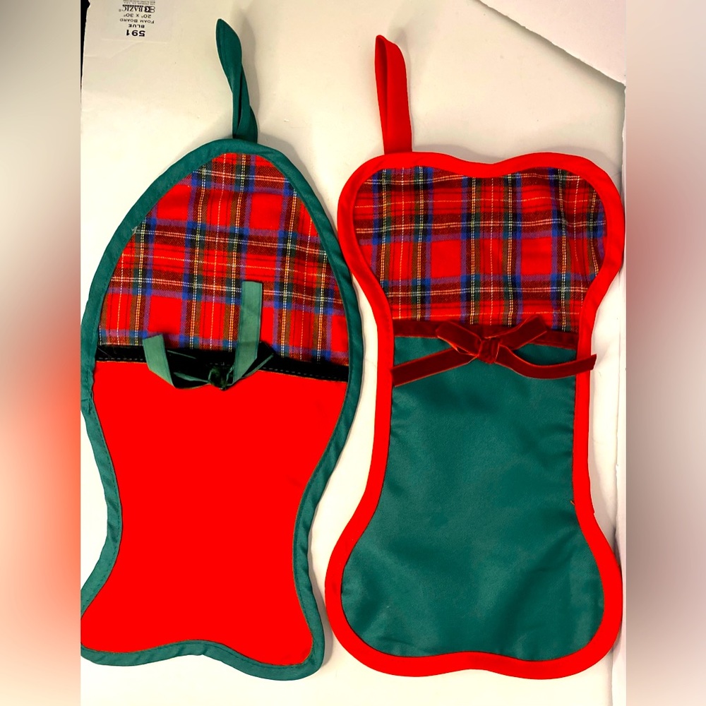Christmas Stockings Dog Bone Cat Fish Tartan Plaid Hanging Choice Of 2